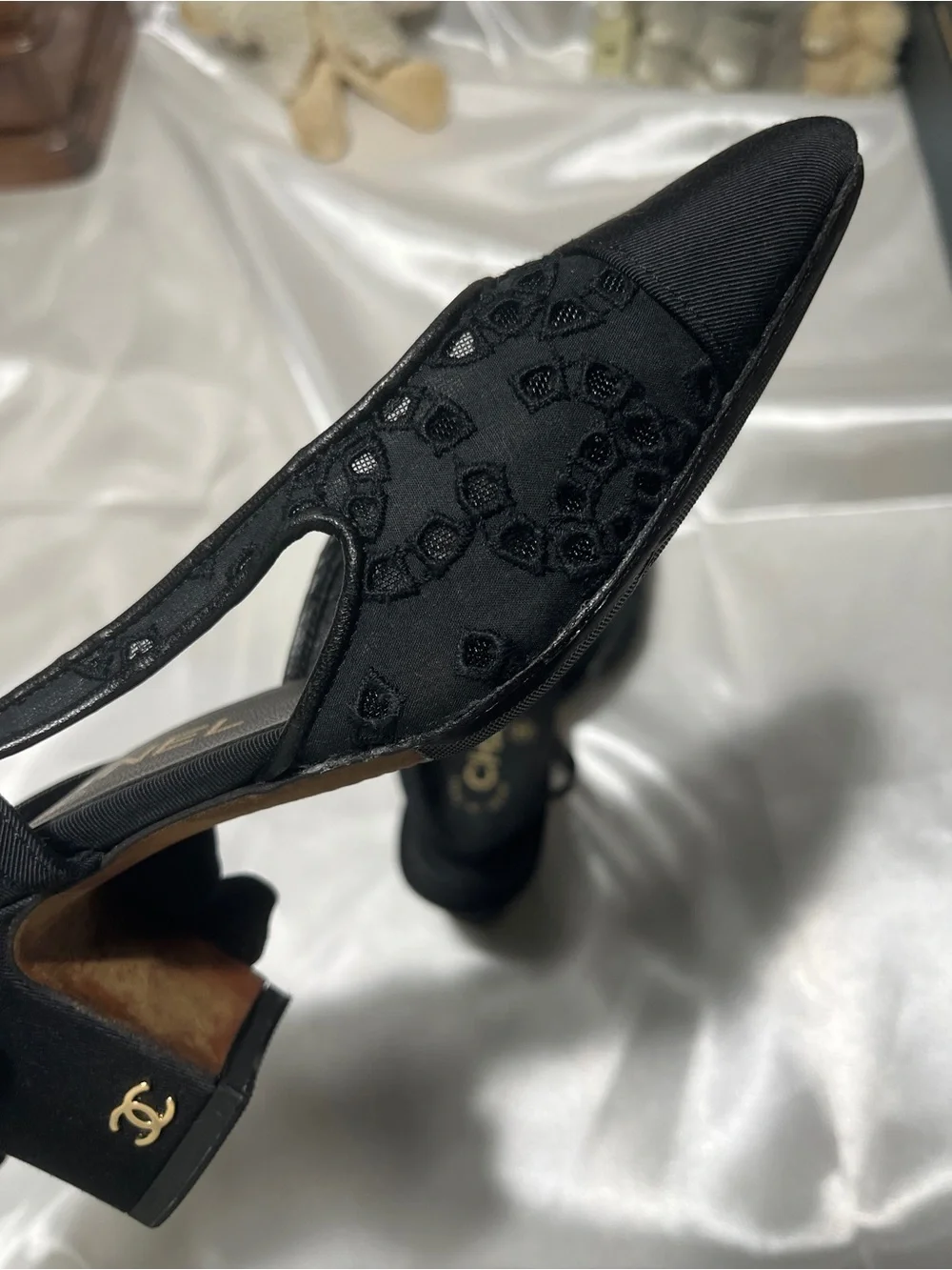 CHANEL Black Slingback Lace-Trim Pumps